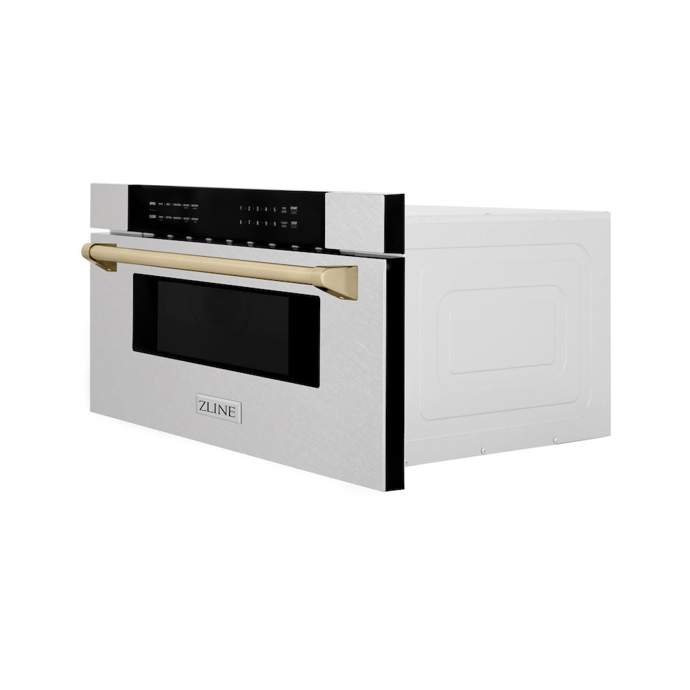 Autograph Edition 30 In. 1.2 Cu. Ft. Built-in Microwave Drawer In Satin Stainless Steel With Polished Gold Accents MWDZ30SSG