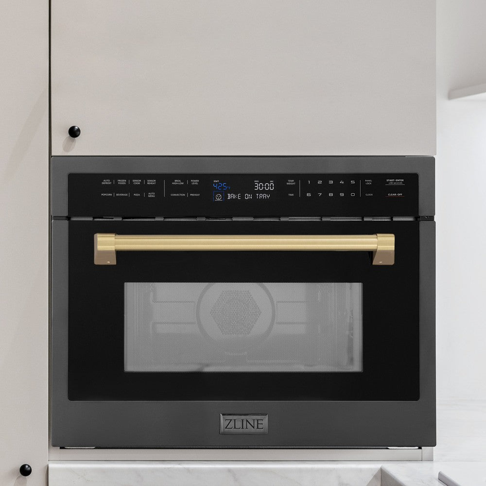 Autograph Edition 24 In. 1.6 Cu Ft. Built-in Convection Microwave Oven In Black Stainless Steel With Champagne Bronze Accents MWOZ24BSCB