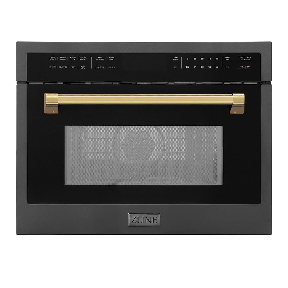 Autograph Edition 24 In. 1.6 Cu Ft. Built-in Convection Microwave Oven In Black Stainless Steel With Polished Gold Accents MWOZ24BSG