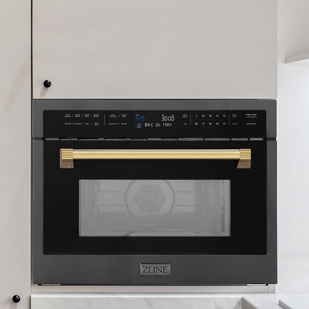 Autograph Edition 24 In. 1.6 Cu Ft. Built-in Convection Microwave Oven In Black Stainless Steel With Polished Gold Accents MWOZ24BSG