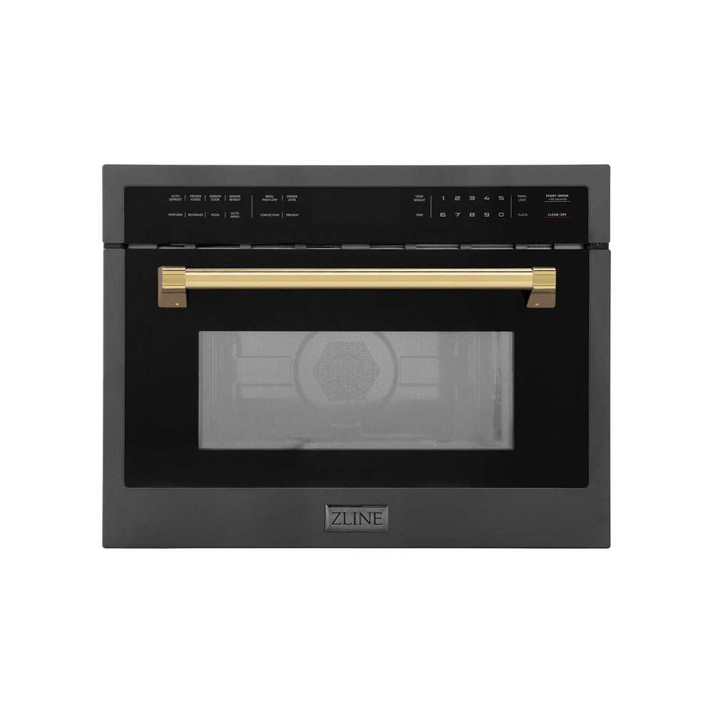 Autograph Edition 24 In. 1.6 Cu Ft. Built-in Convection Microwave Oven In Black Stainless Steel With Polished Gold Accents MWOZ24BSG