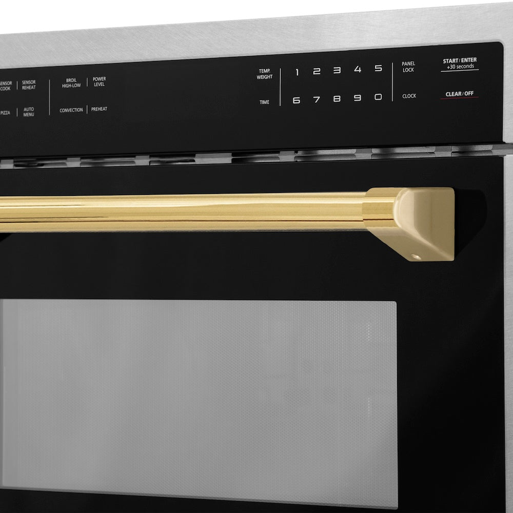 Autograph Edition 24 In. 1.6 Cu Ft. Built-in Convection Microwave Oven In Satin Stainless Steel With Polished Gold Accents MWOZ24SSG