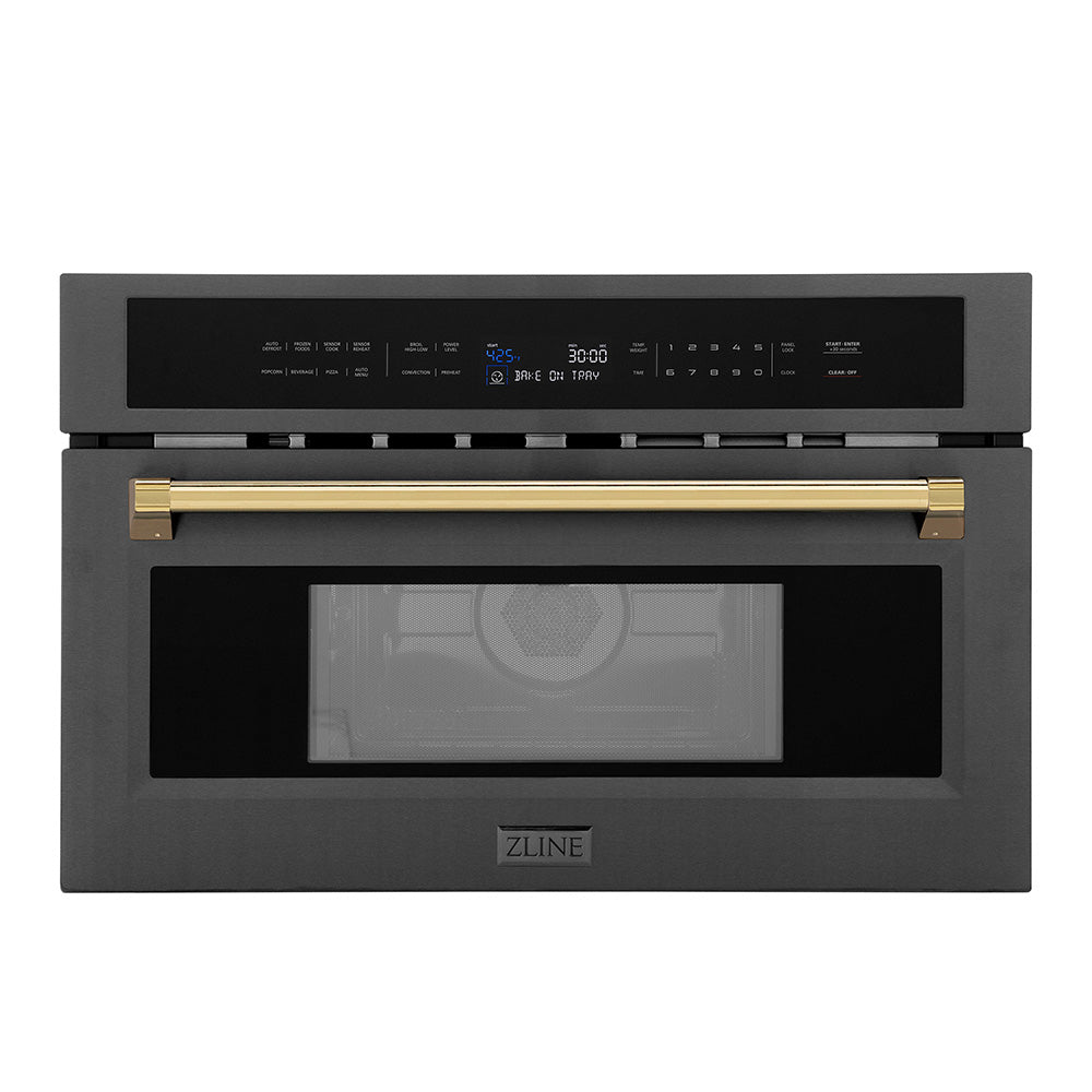 Autograph Edition 30 In. 1.6 Cu Ft. Built-in Convection Microwave Oven In Black Stainless Steel With Polished Gold Accents MWOZ30BSG