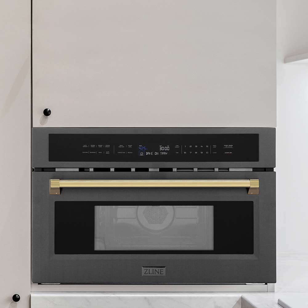 Autograph Edition 30 In. 1.6 Cu Ft. Built-in Convection Microwave Oven In Black Stainless Steel With Polished Gold Accents MWOZ30BSG