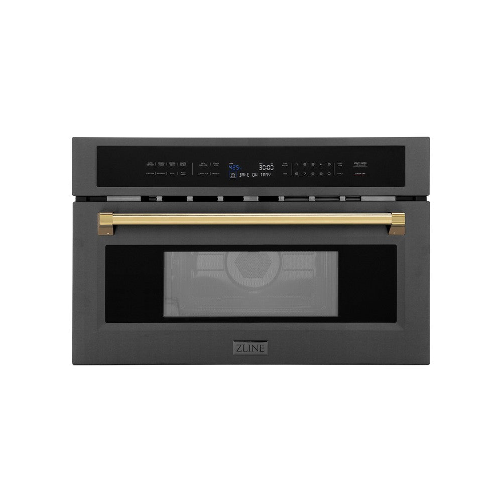 Autograph Edition 30 In. 1.6 Cu Ft. Built-in Convection Microwave Oven In Black Stainless Steel With Polished Gold Accents MWOZ30BSG