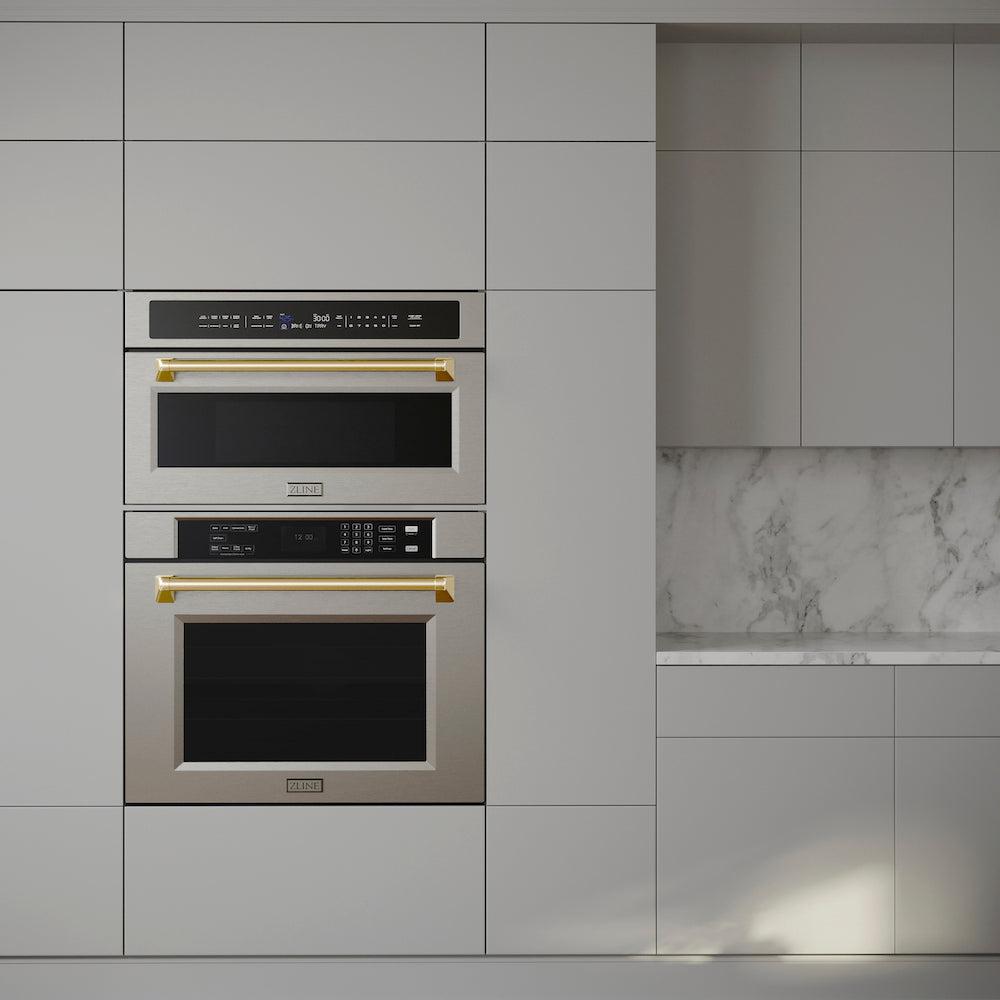 Autograph Edition 30 In. 1.6 Cu Ft. Built-in Convection Microwave Oven In Stainless Steel With Polished Gold Accents MWOZ30G