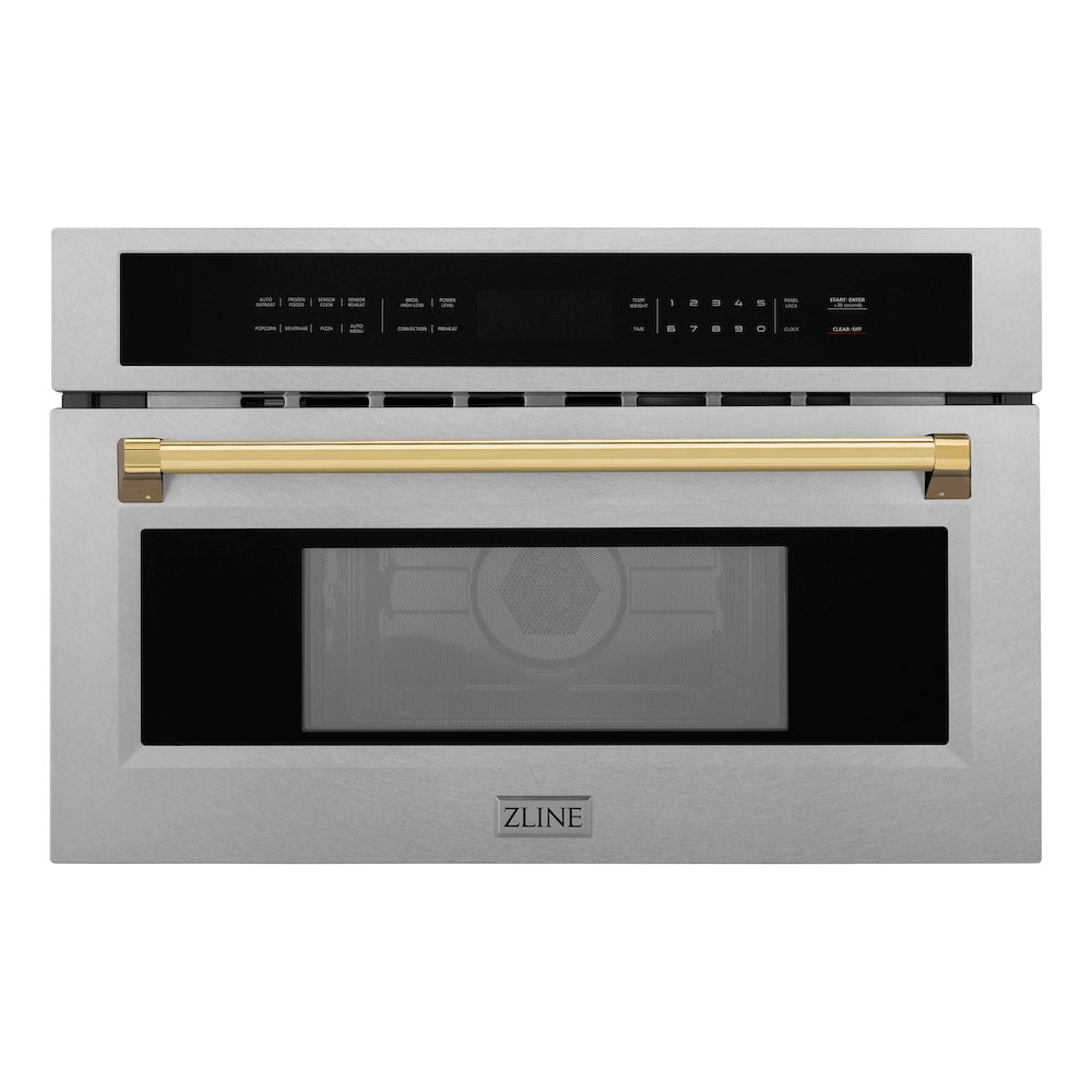Autograph Edition 30 In. 1.6 Cu Ft. Built-in Convection Microwave Oven In Satin Stainless Steel And Polished Gold Accents MWOZ30SSG