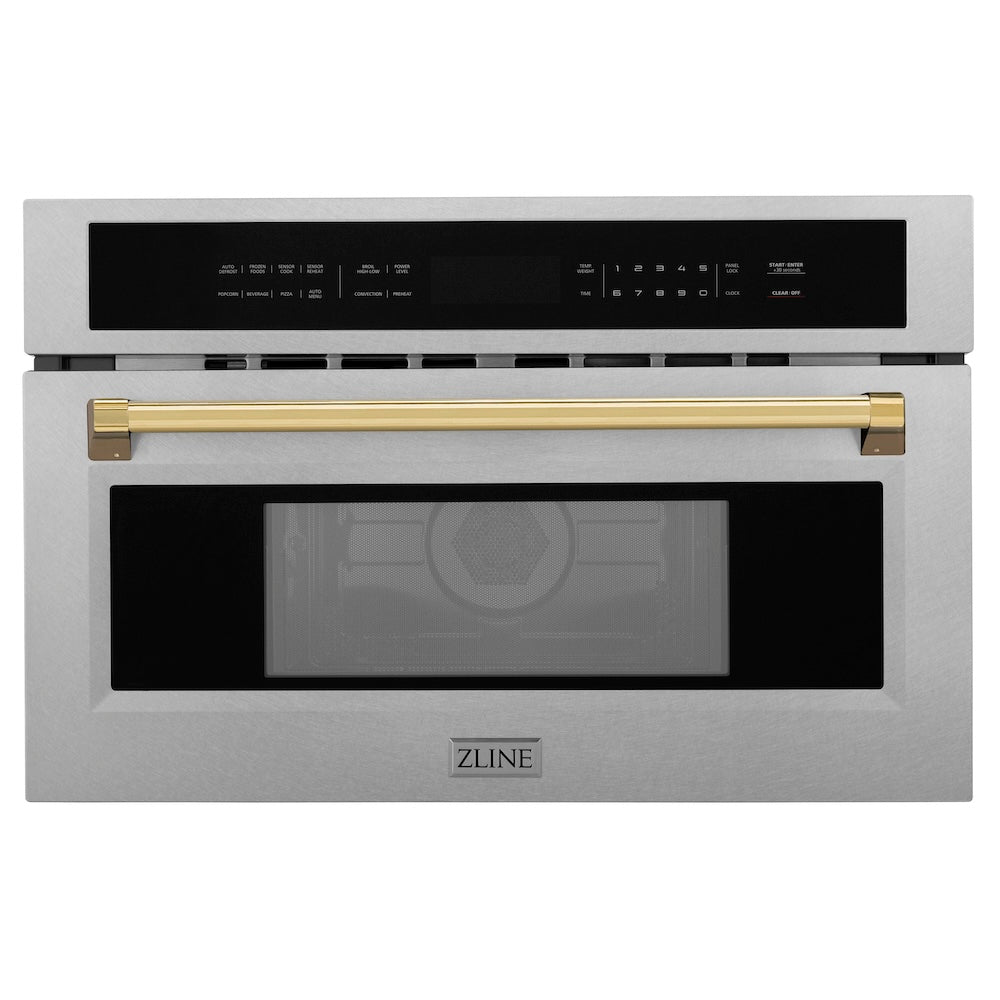Autograph Edition 30 In. 1.6 Cu Ft. Built-in Convection Microwave Oven In Satin Stainless Steel And Polished Gold Accents MWOZ30SSG