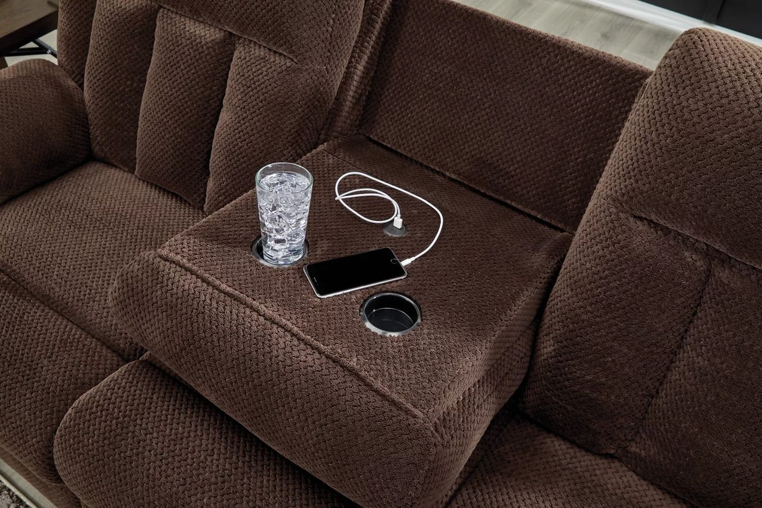 Free Wake Power Reclining Sofa with Drop Down Table In Chocolate NC2140699