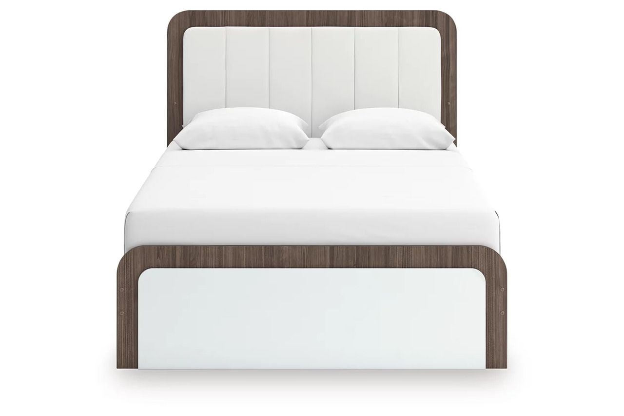 Nendalane Queen Upholstered Bed In White and Brown NCB1108B7