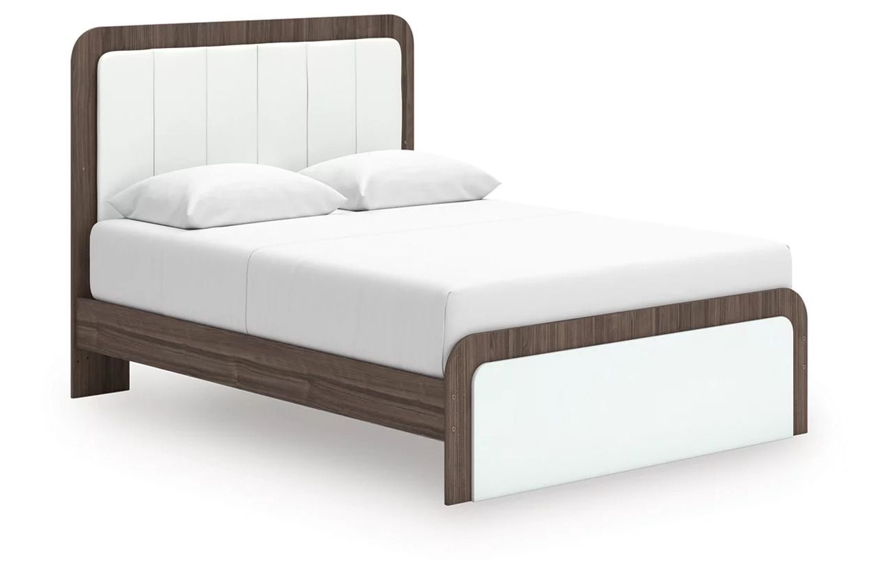 Nendalane Queen Upholstered Bed In White and Brown NCB1108B7