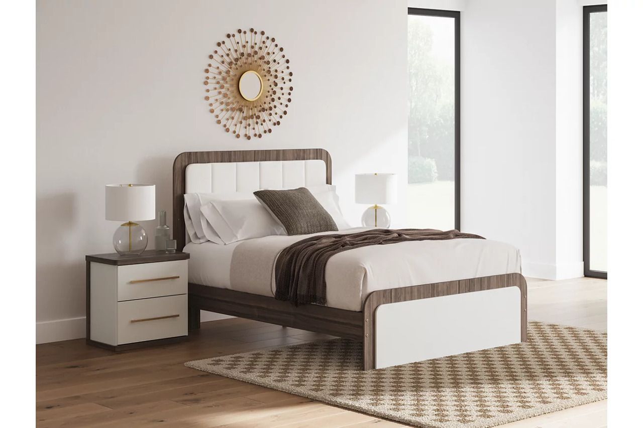 Nendalane Queen Upholstered Bed In White and Brown NCB1108B7