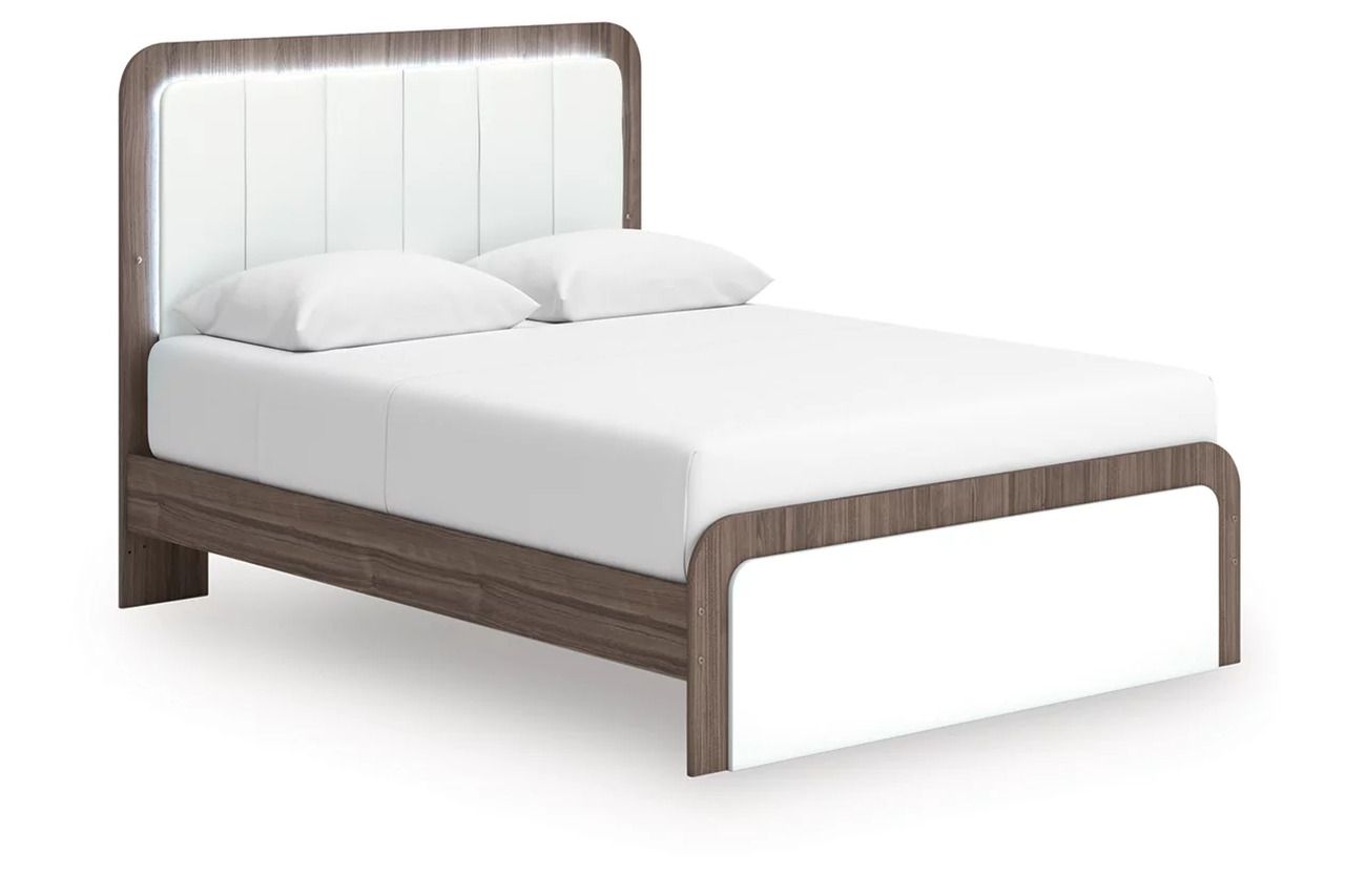Nendalane Queen Upholstered Bed In White and Brown NCB1108B7