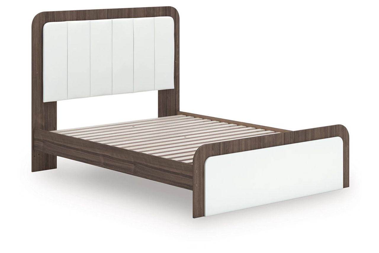 Nendalane Queen Upholstered Bed In White and Brown NCB1108B7