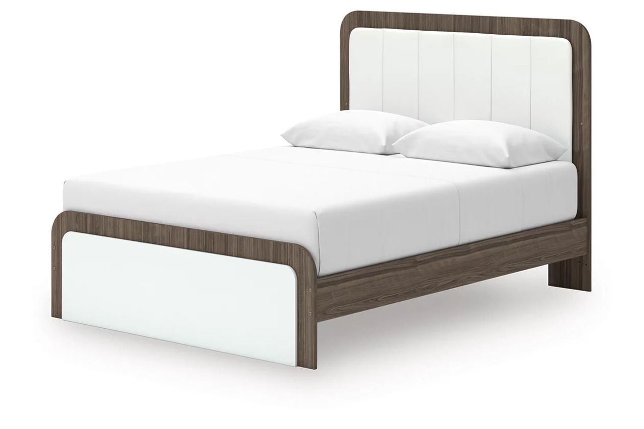 Nendalane Queen Upholstered Bed In White and Brown NCB1108B7