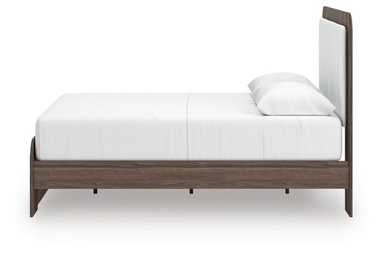Nendalane Queen Upholstered Bed In White and Brown NCB1108B7