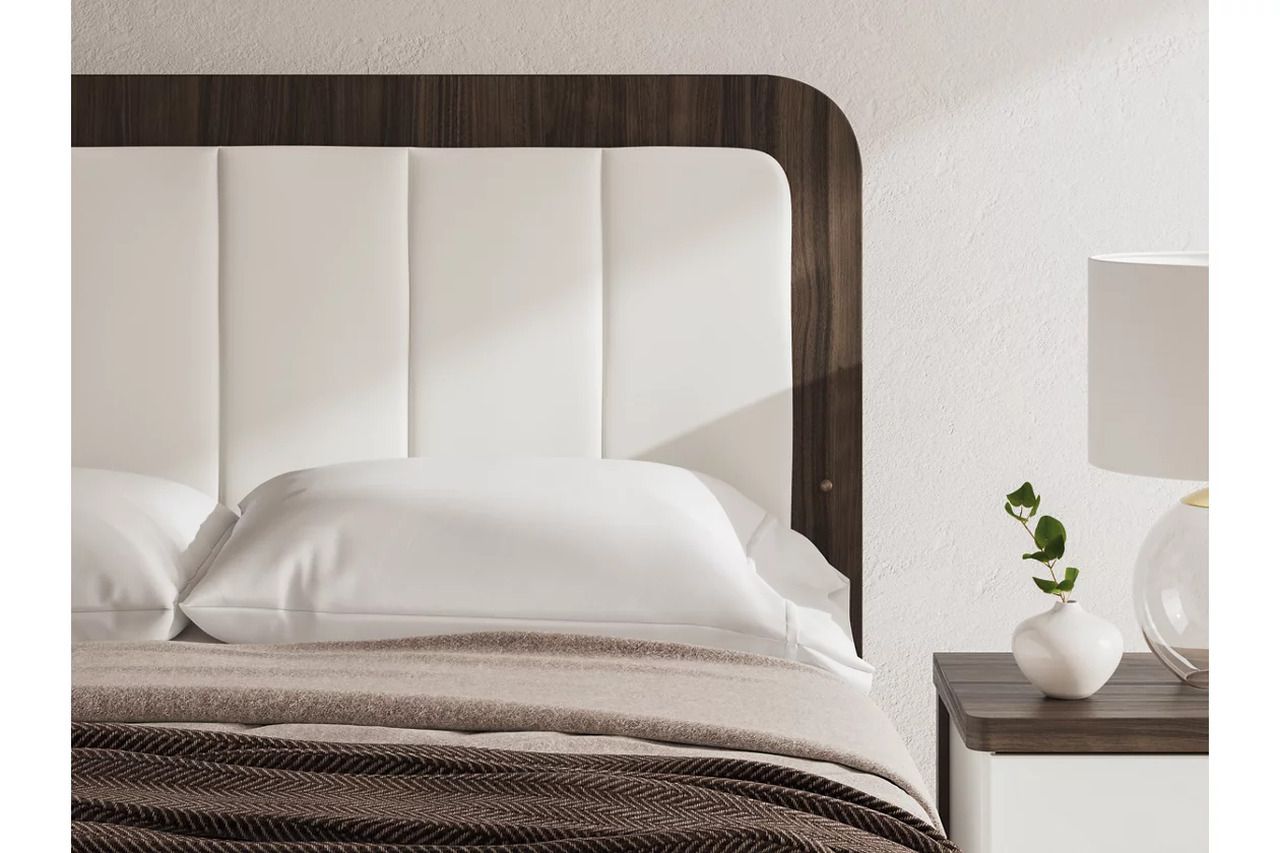 Nendalane Queen Upholstered Bed In White and Brown NCB1108B7