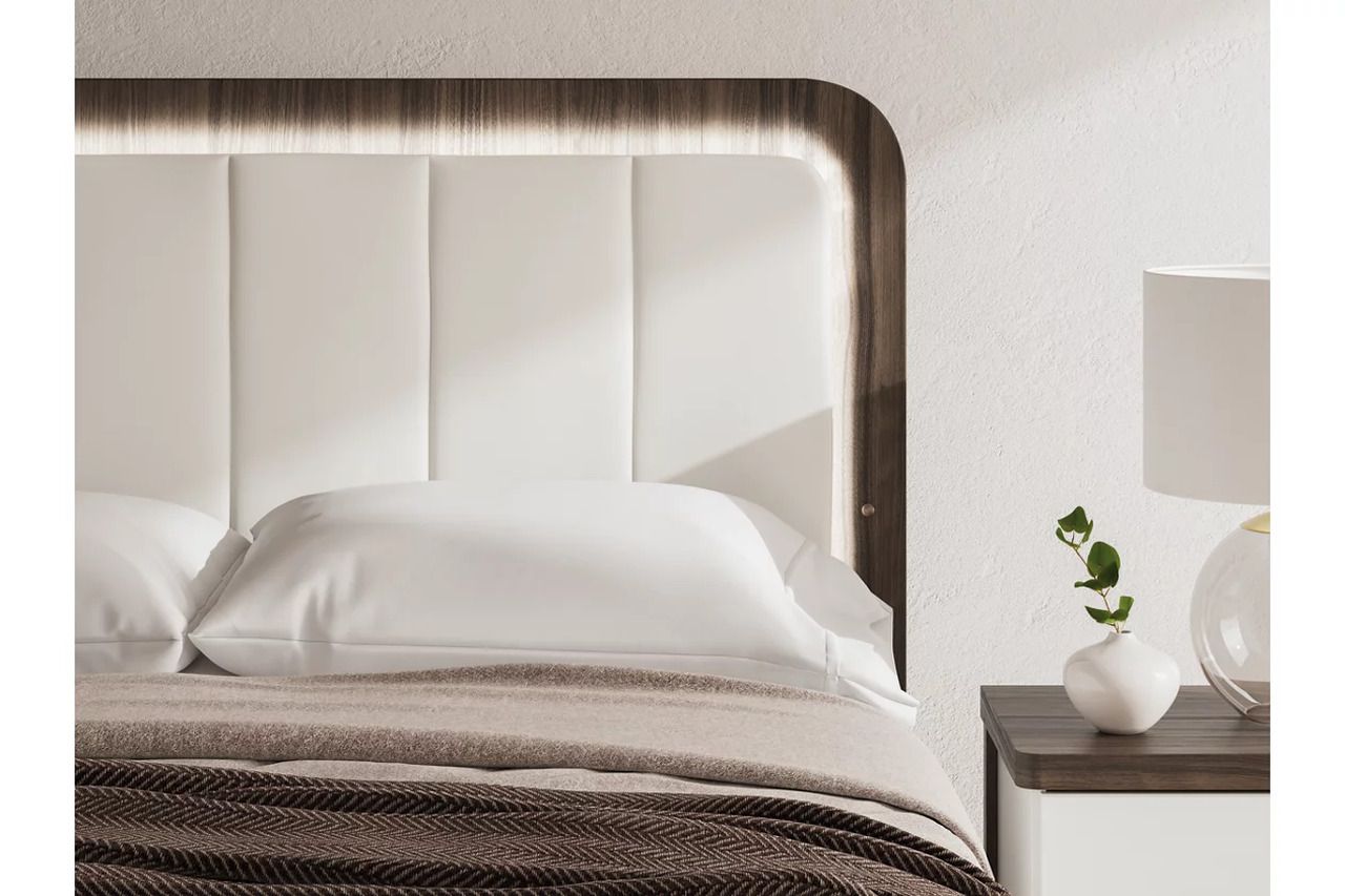 Nendalane Queen Upholstered Bed In White and Brown NCB1108B7