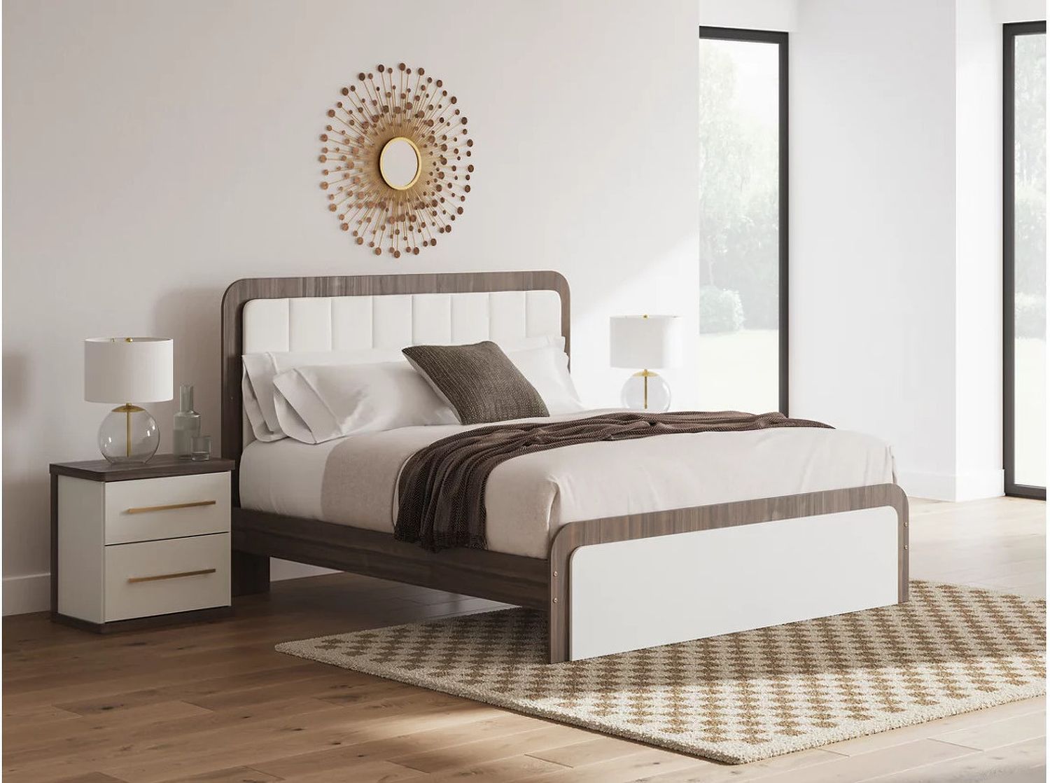 Nendalane King Upholstered Bed In White and Brown NCB1108B8