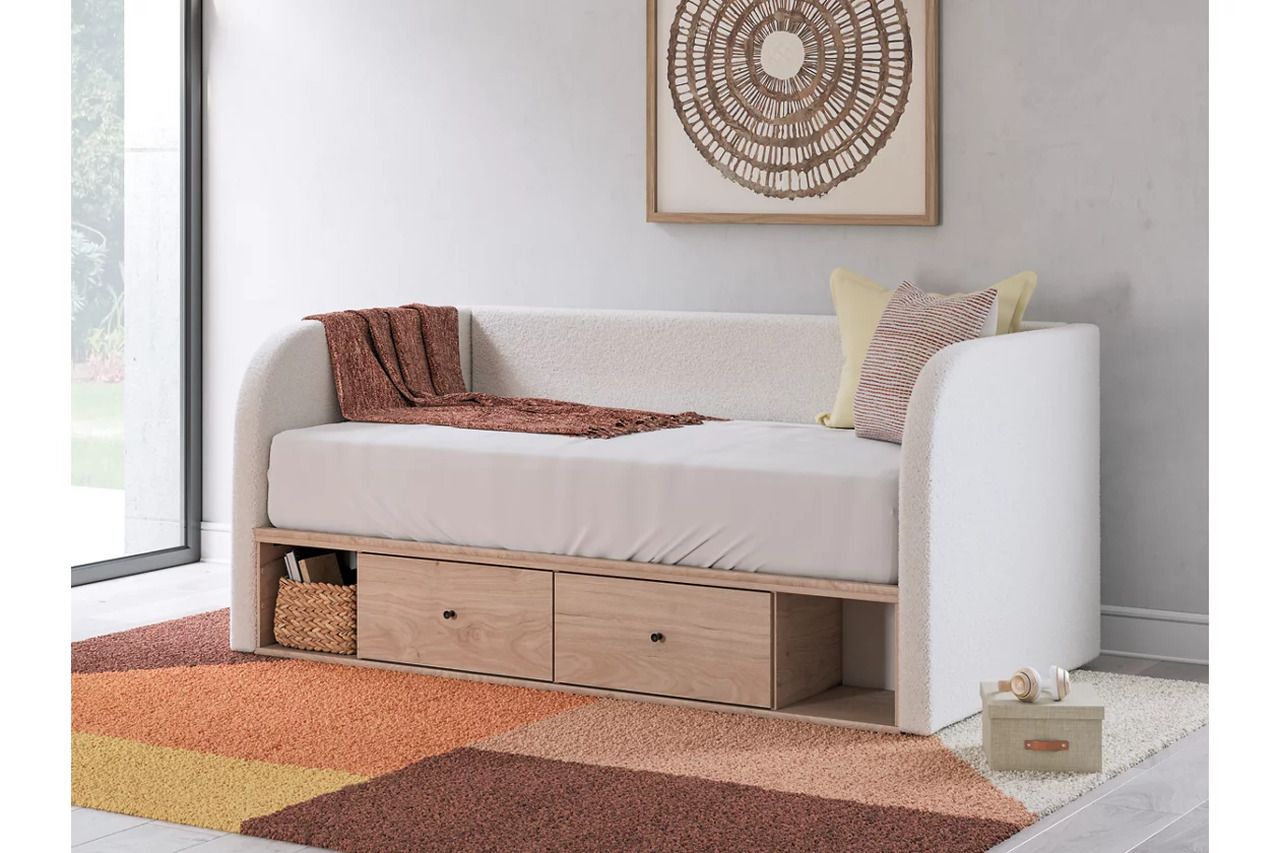 Birkmore Full Upholstered Day Bed with Storage In Tan and White NCB1566B11