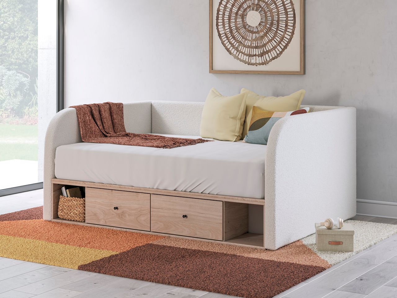 Birkmore Full Upholstered Day Bed with Storage In Tan and White NCB1566B11