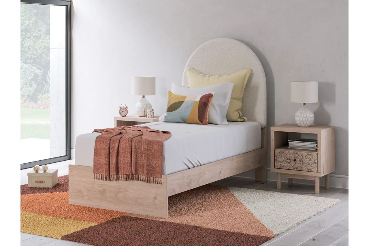 Birkmore Twin Upholstered Panel Bed In Tan and White NCB1566B2
