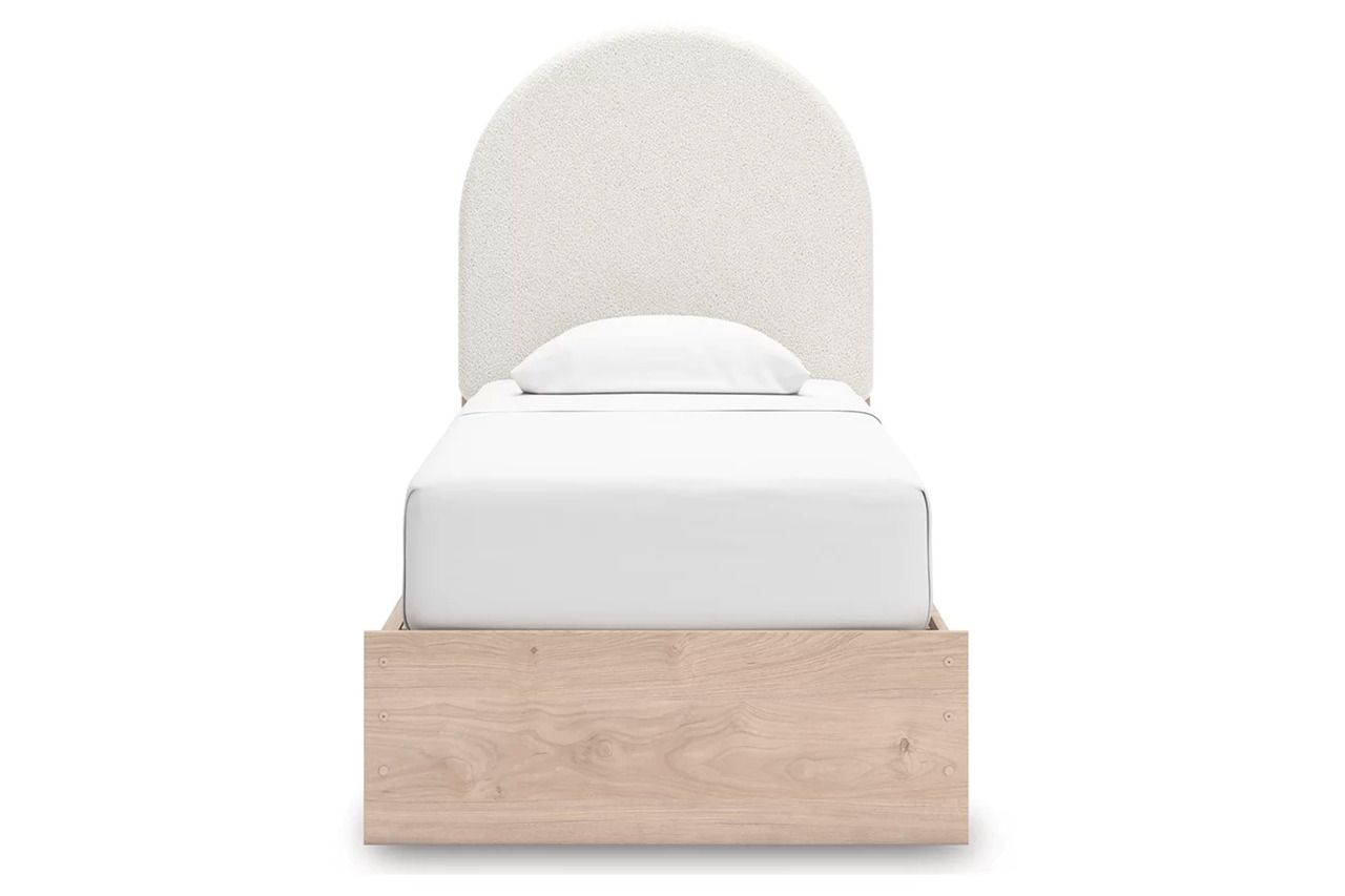 Birkmore Twin Upholstered Panel Bed with Storage In Tan and White NCB1566B4