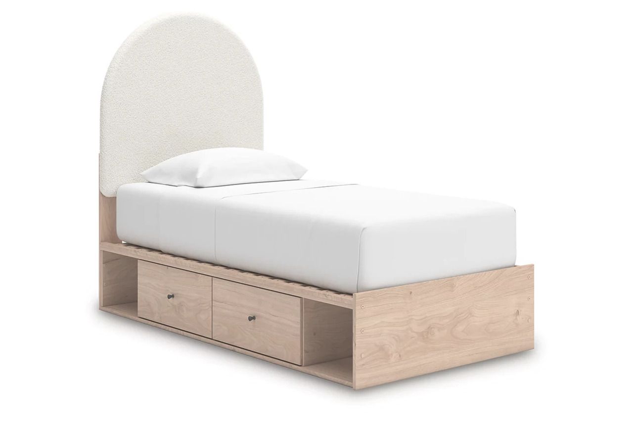 Birkmore Twin Upholstered Panel Bed with Storage In Tan and White NCB1566B4