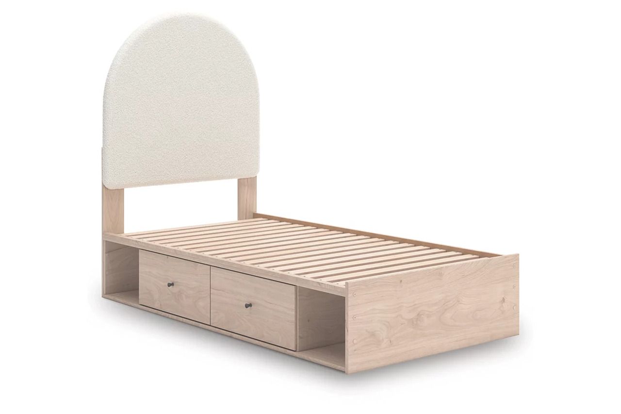 Birkmore Twin Upholstered Panel Bed with Storage In Tan and White NCB1566B4