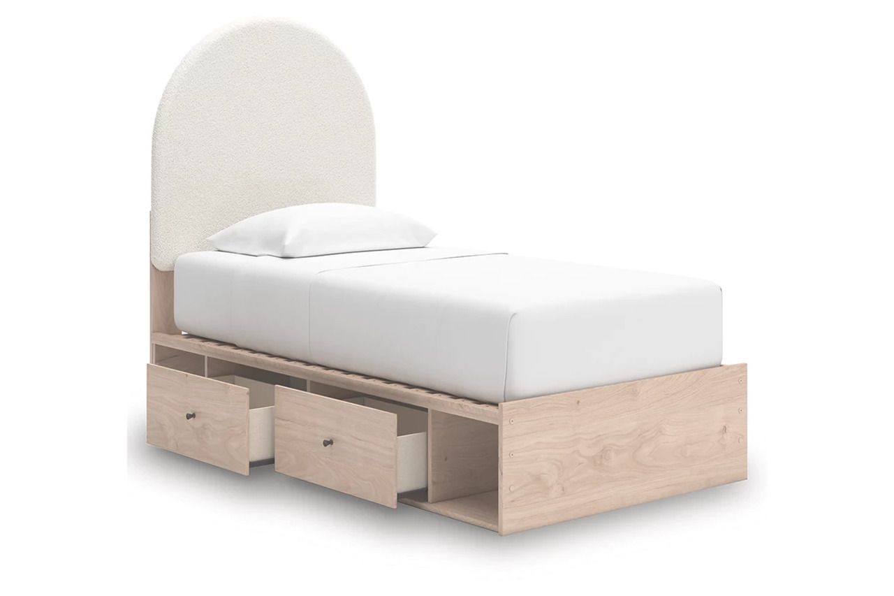Birkmore Twin Upholstered Panel Bed with Storage In Tan and White NCB1566B4