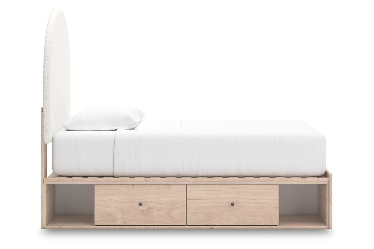 Birkmore Twin Upholstered Panel Bed with Storage In Tan and White NCB1566B4