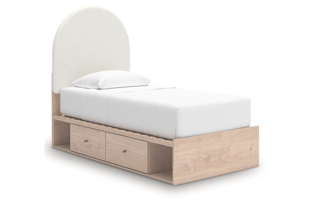 Birkmore Twin Upholstered Panel Bed with Double Storage In Tan and White NCB1566B6