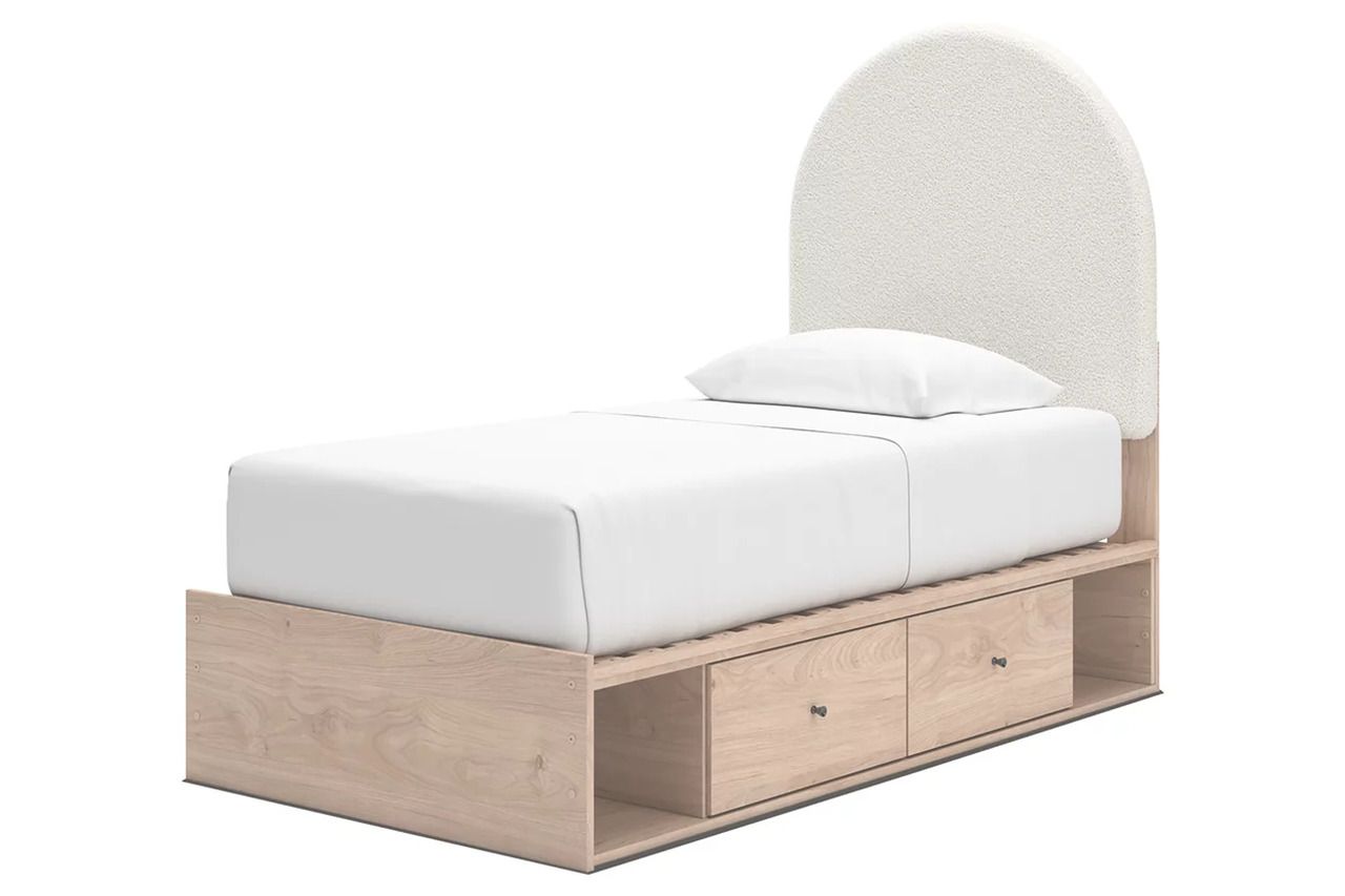 Birkmore Twin Upholstered Panel Bed with Double Storage In Tan and White NCB1566B6