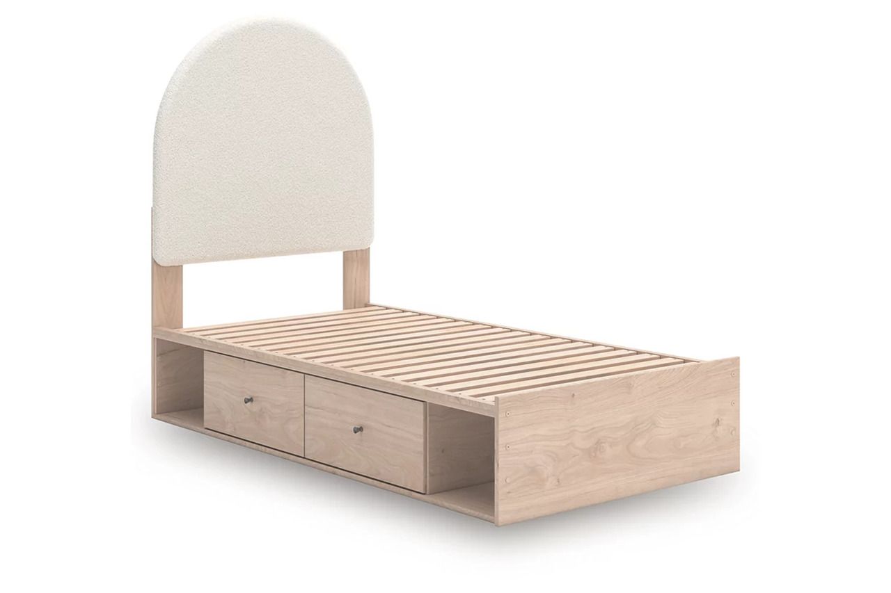 Birkmore Twin Upholstered Panel Bed with Double Storage In Tan and White NCB1566B6
