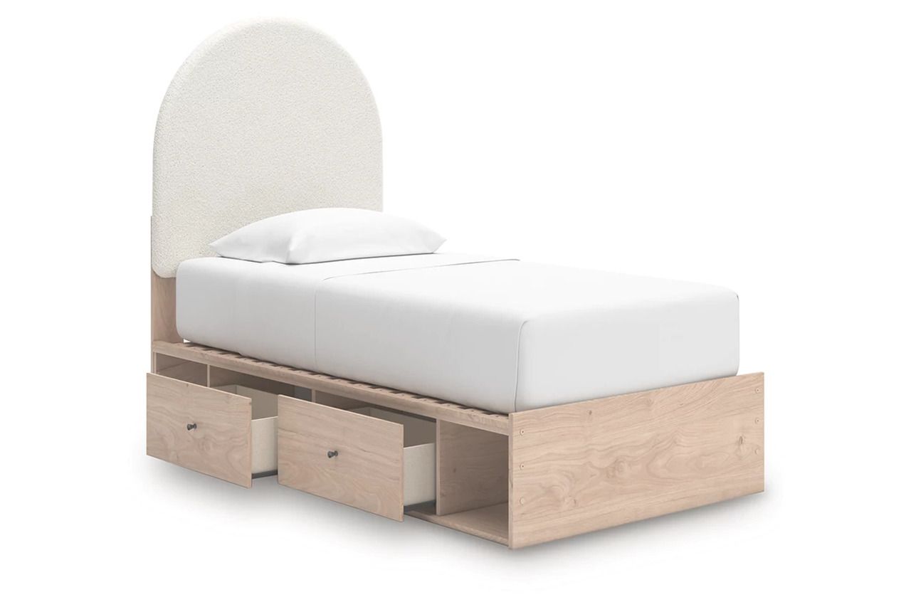 Birkmore Twin Upholstered Panel Bed with Double Storage In Tan and White NCB1566B6