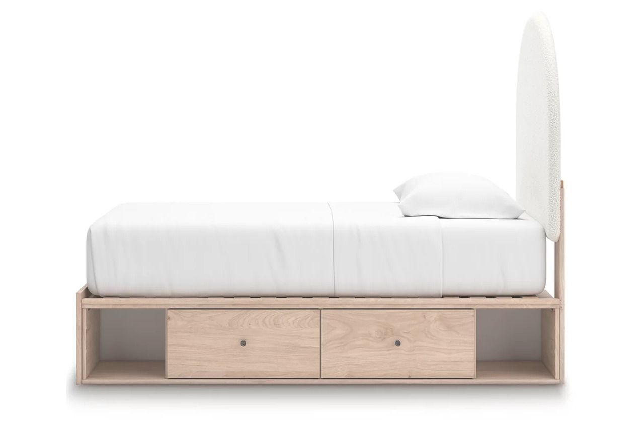 Birkmore Twin Upholstered Panel Bed with Double Storage In Tan and White NCB1566B6