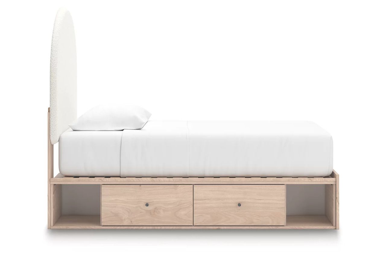 Birkmore Twin Upholstered Panel Bed with Double Storage In Tan and White NCB1566B6