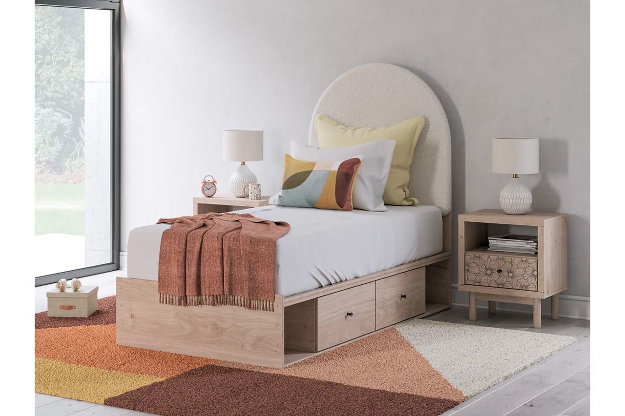 Birkmore Twin Upholstered Panel Bed with Double Storage In Tan and White NCB1566B6