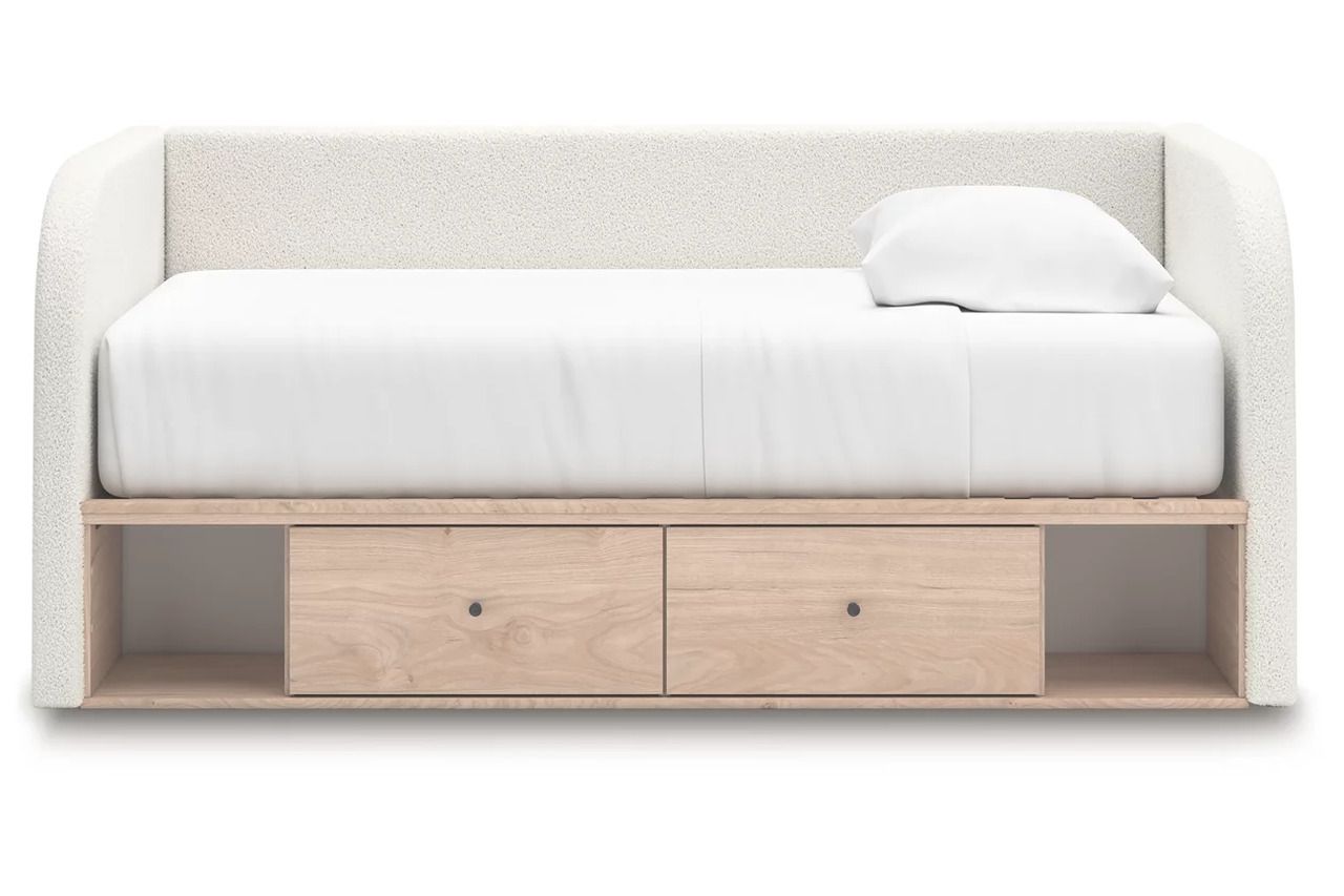 Birkmore Twin Upholstered Day Bed with Storage In Tan and White NCB1566B9
