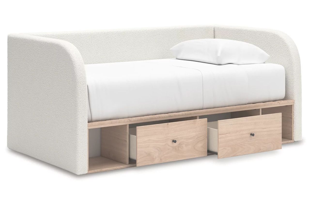 Birkmore Twin Upholstered Day Bed with Storage In Tan and White NCB1566B9