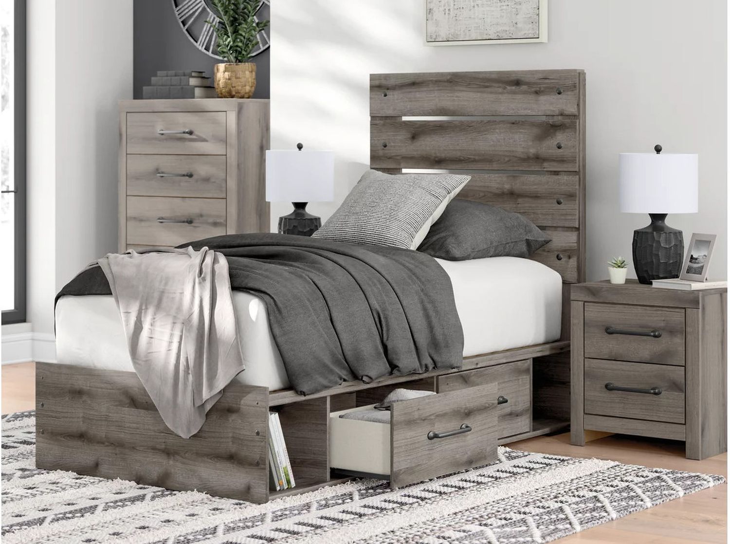 Fondenlane Twin Panel Bed with Storage In Brown Gray NCB2405B19