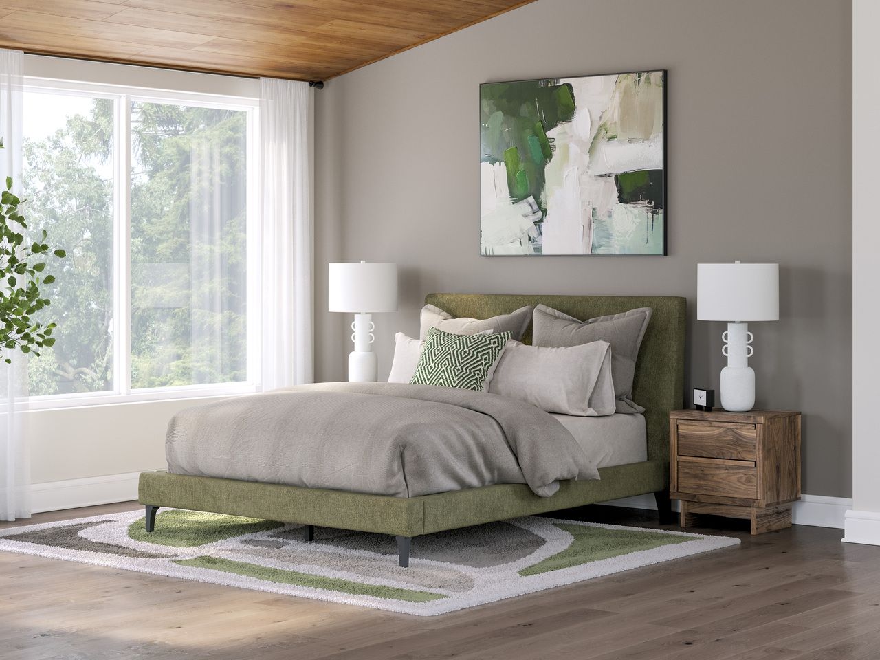 Darcalli Queen Upholstered Bed with Roll Slats In Sage Green NCB336781