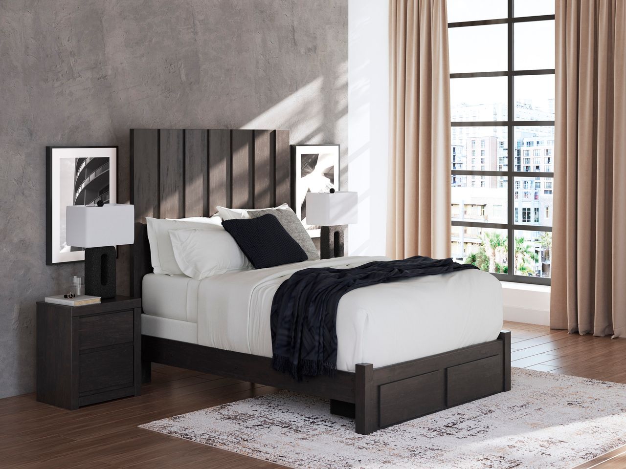Candanew Queen Panel Storage Bed In Charcoal NCB3370B4