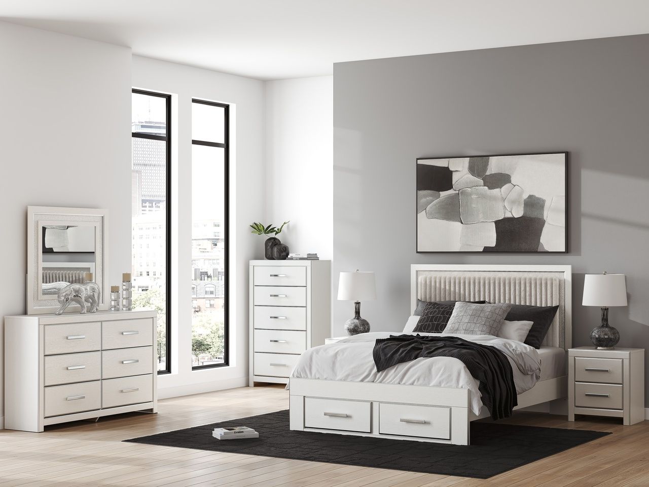 Ravalori Queen Upholstered Panel Storage Bed In White NCB3381B4