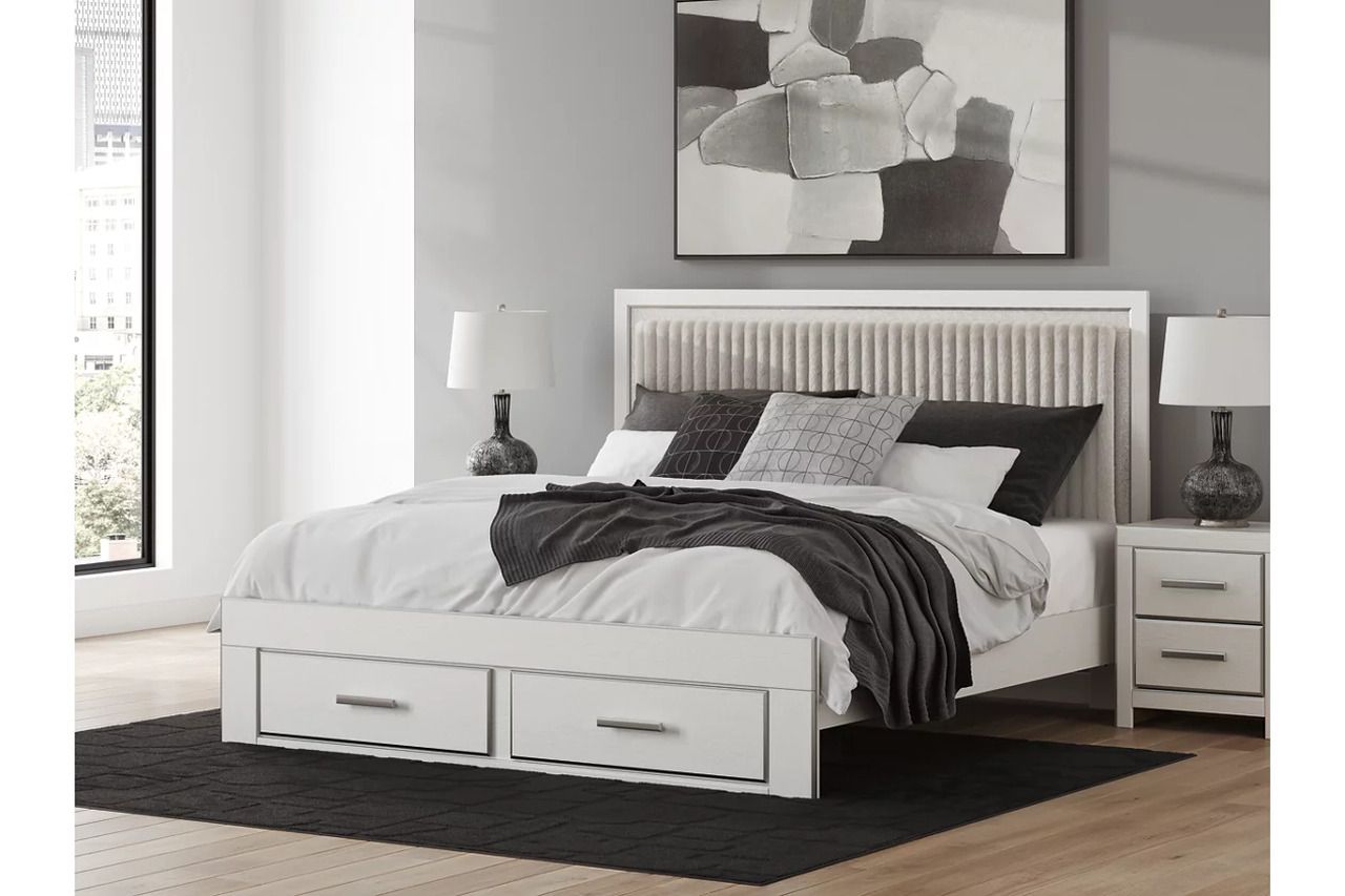 Ravalori King Upholstered Panel Storage Bed In White NCB3381B9