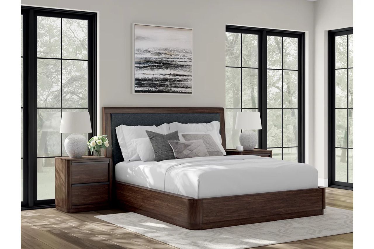 Yingden California King Upholstered Panel Bed In Dark Brown NCB857B9