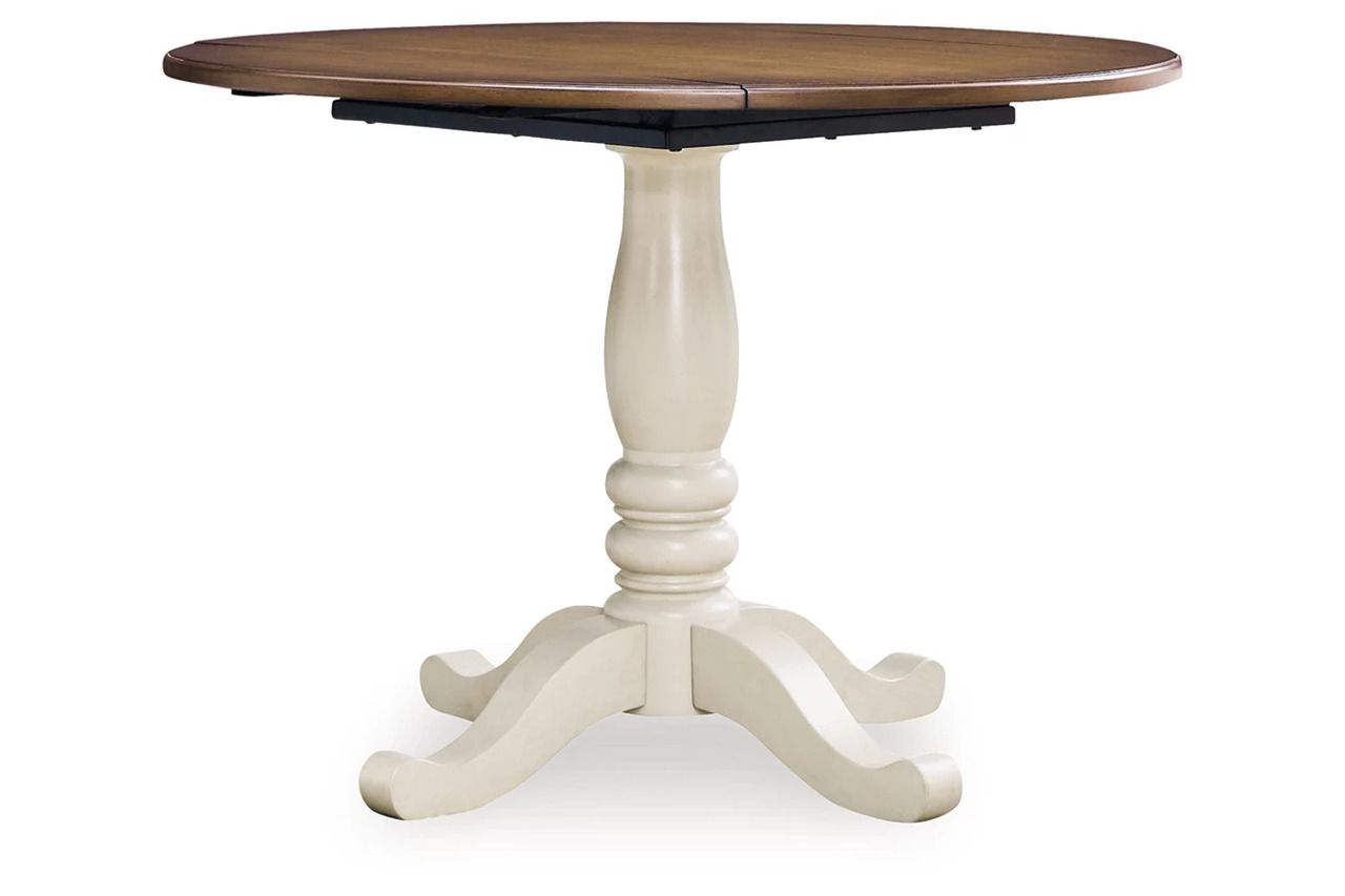 Waverun Round Dining Drop Leaf Table In Antique White and Brown NCD61615