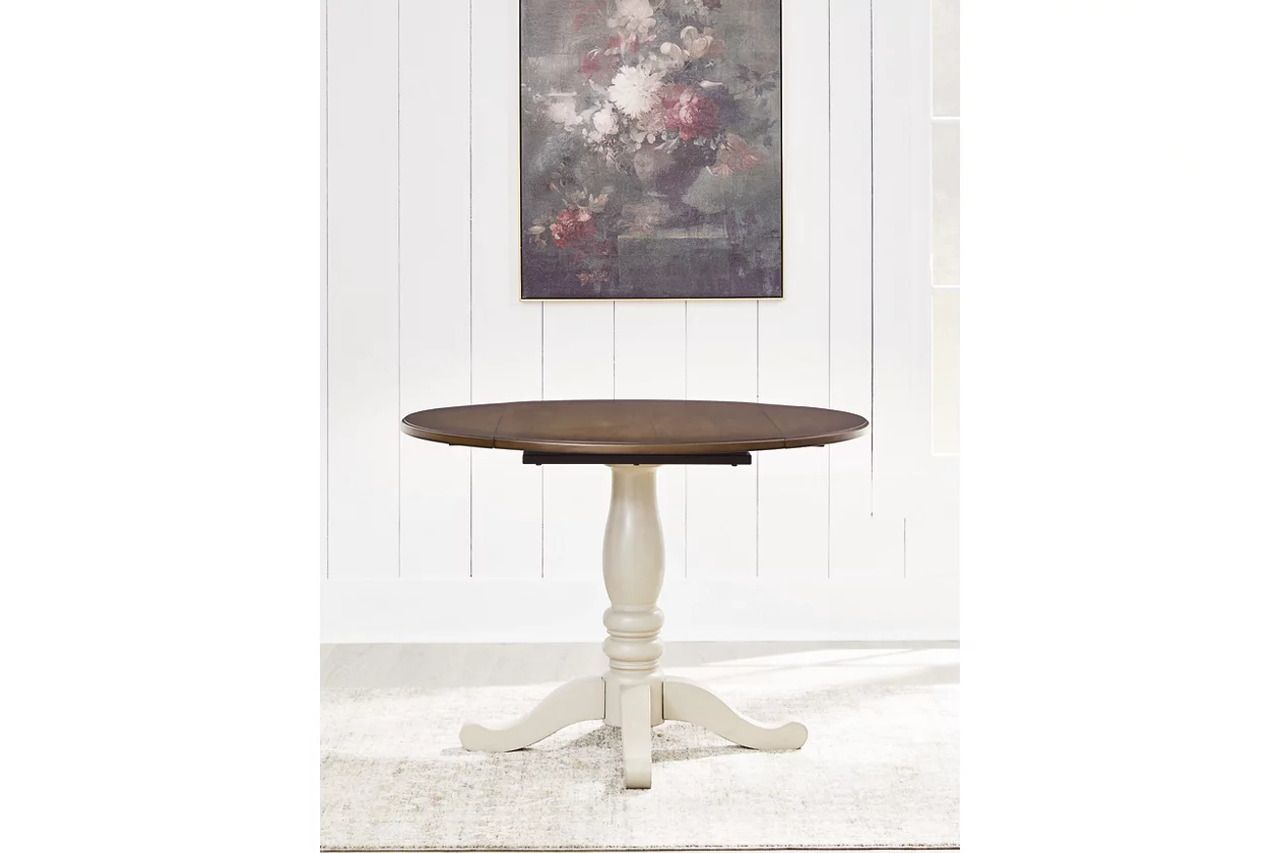 Waverun Round Dining Drop Leaf Table In Antique White and Brown NCD61615