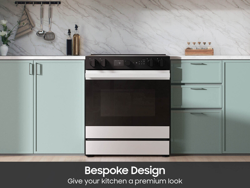 Bespoke 6.3 cu. ft. Smart Slide-In Electric Range with Smart Oven Camera & Illuminated Precision Knobs in White Glass NSE6DB870012AA