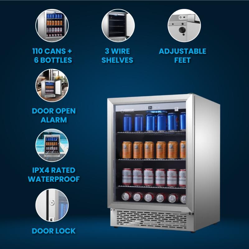 4.6cf Outdoor/Indoor Refrigerator IPX4 SS Builtin/FS 110 cans 6 Bottles OR460